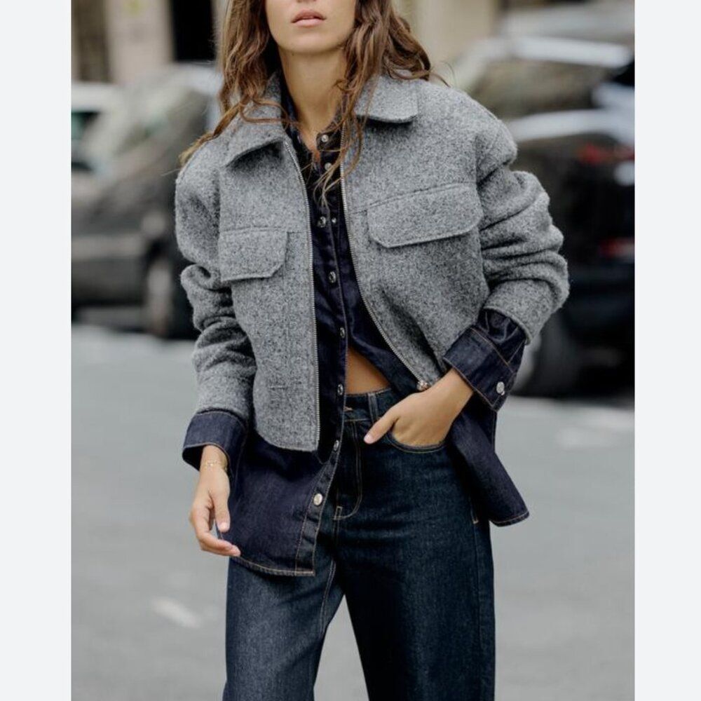 Zara Womans Cropped Jacket Coat Size M Gray Textured 3046/288 NWOT